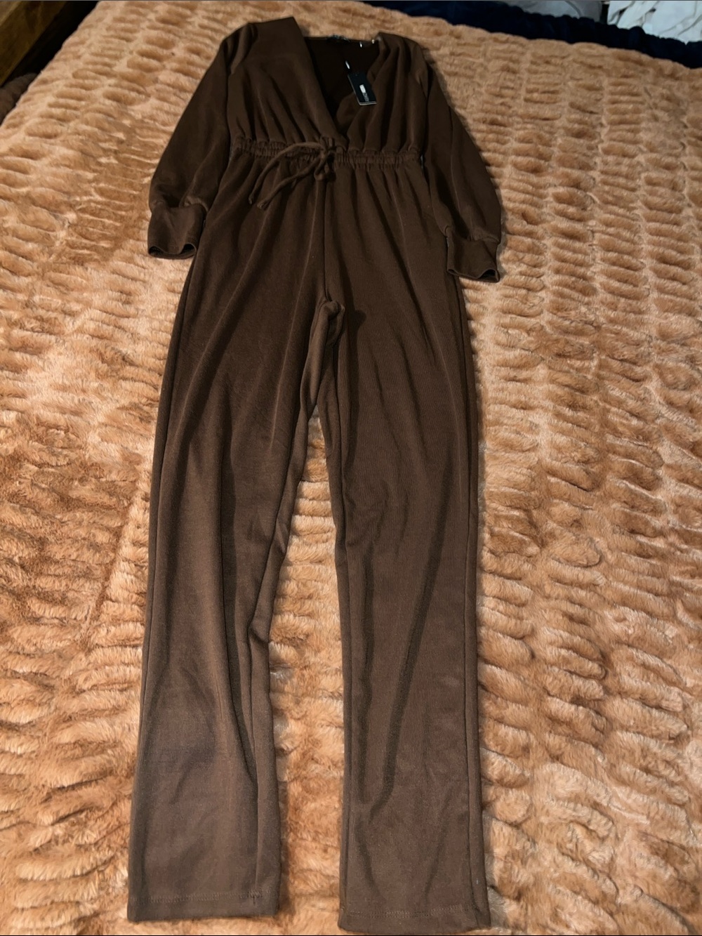 Fashion Nova Brown V-Neck Tie-Waist Jumpsuit